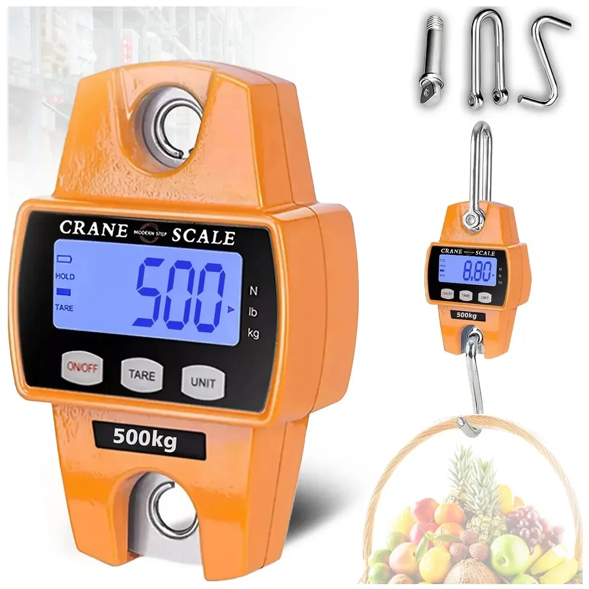 Balança Digital Suspensa 500kg Guindaste Industrial Portátil Função de descascar Tela LED em alta definição Equipado com gancho em aço inoxidável Tempo de autonomia pode chegar a 12 meses