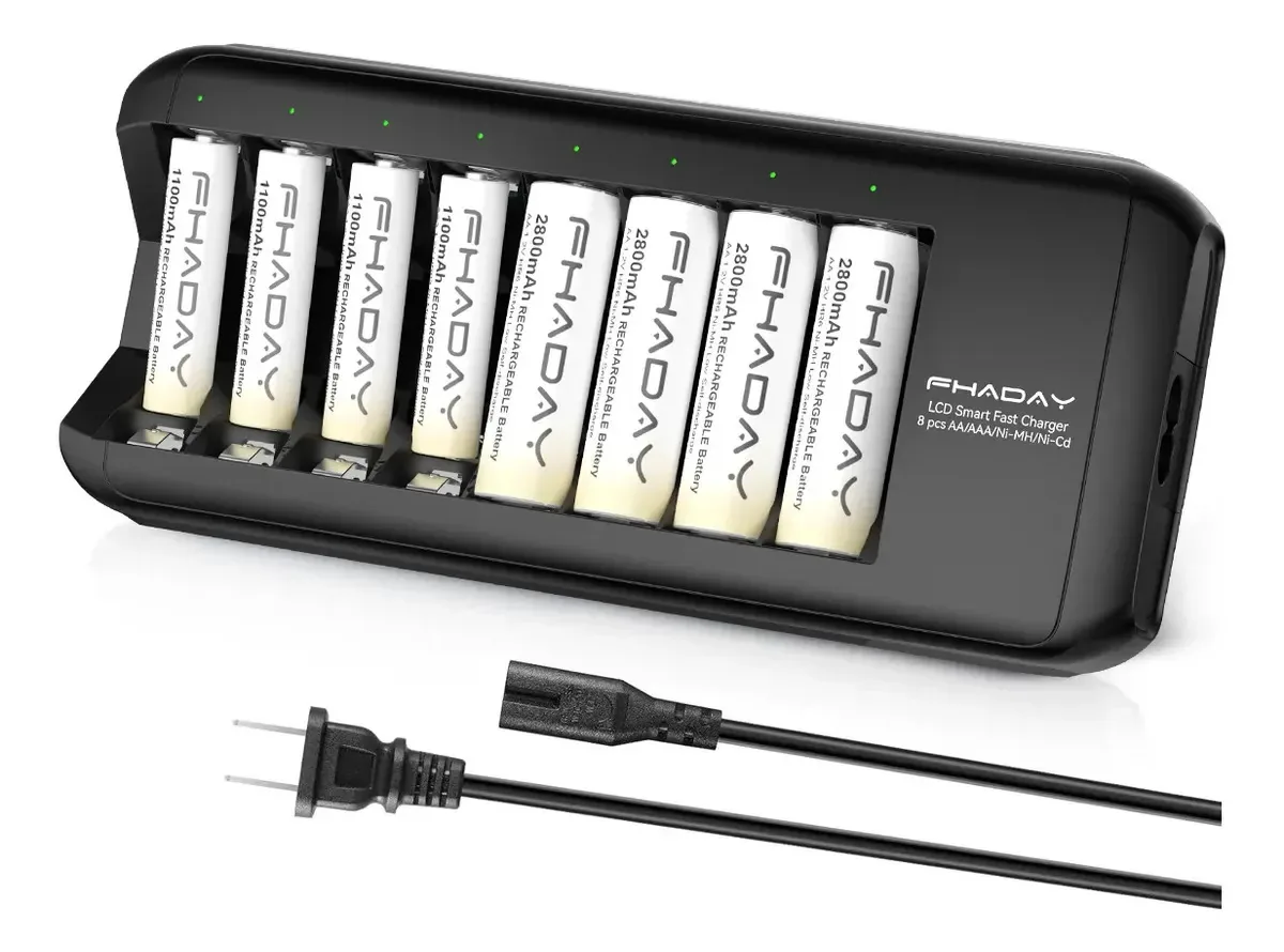 Kit de carregador rápido de 8 slots com 4 pilhas Aaa (1100mah 1,2 V) e 4 pilhas Aa (4070mAh 1,2 V), para brinquedos, consoles de videogame, lâmpadas, fechaduras inteligentes, mouses, teclados, T