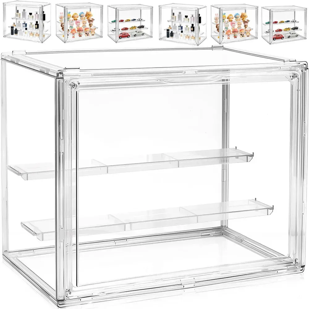 Combyeo Caja De Exhibicion Acrilico Organizadora Transparente Com 2 Compartimentos, Vitrinas Para Coleções Apiláveis e Desmontáveis, Vitrina De Muñecas Para Colecionables Figuras Acción 30x24x18 Cm