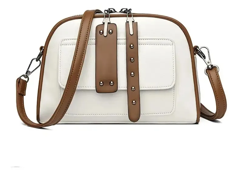 Bolsas tiracolo, bolsas femininas, bolsas de ombro femininas, acabamento em hardware moderno, cor de níquel, alça de ombro branca/marrom, design de tecido liso