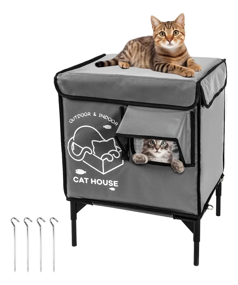 Casa para gatos ao ar livre, abrigo elevado para gatos R. Preto, cinza, camuflado