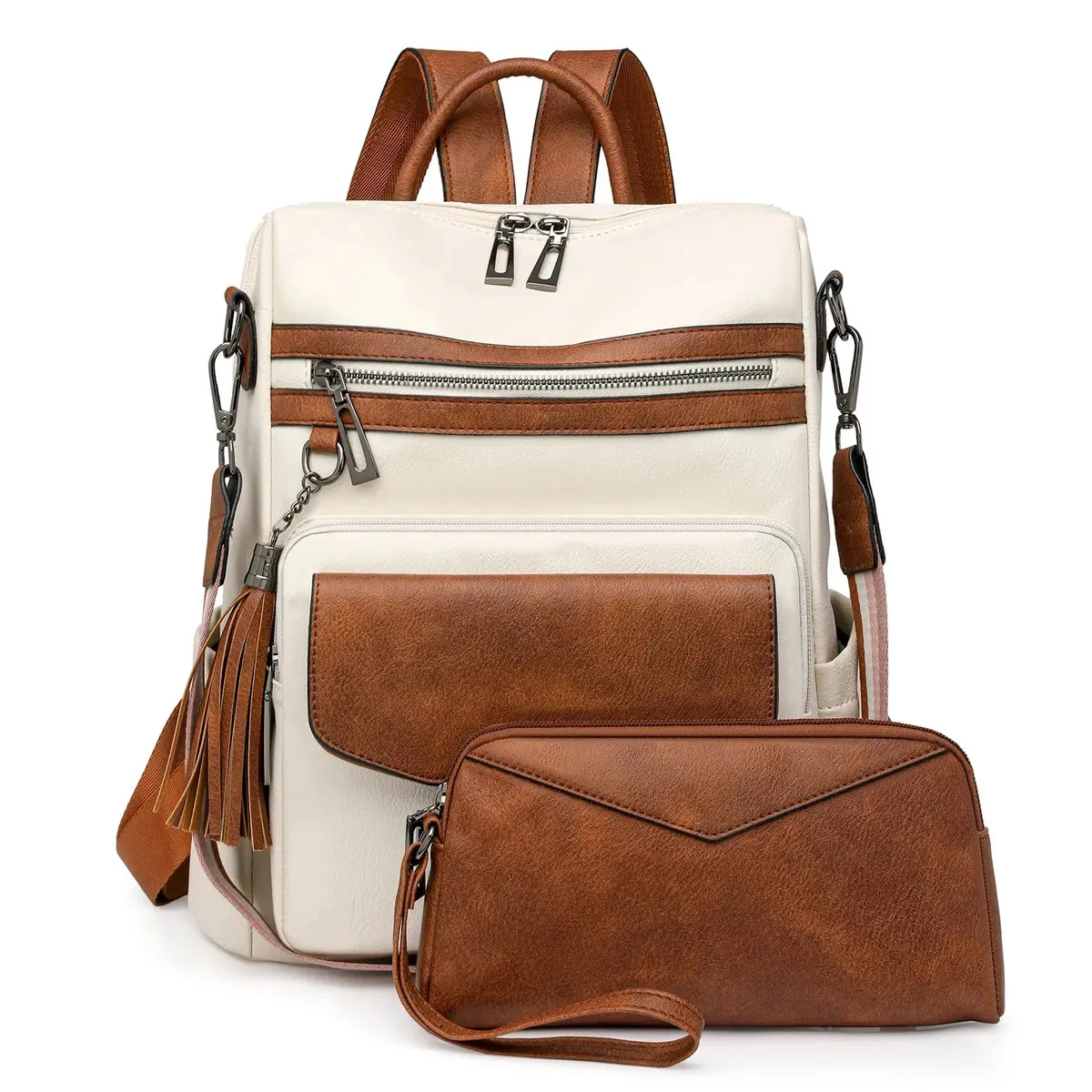 Bolsas femininas Pu Fashion, conjunto de mochila e carteira, 2 brancas com marrom