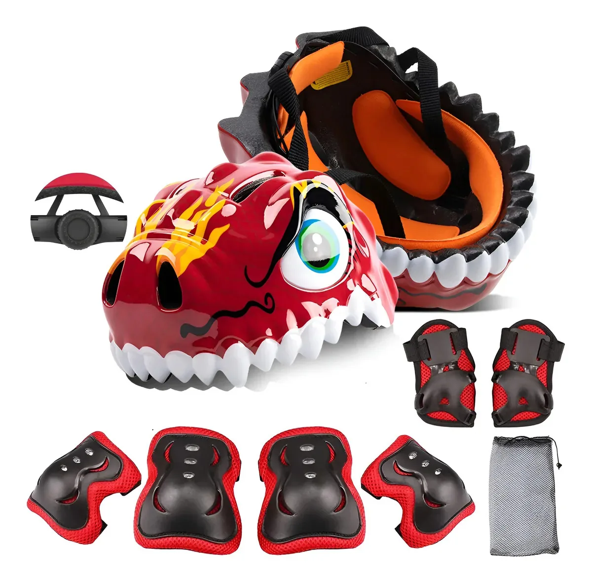 7 kits de capacete de proteção com joelheiras, cor de dinossauro, vermelho