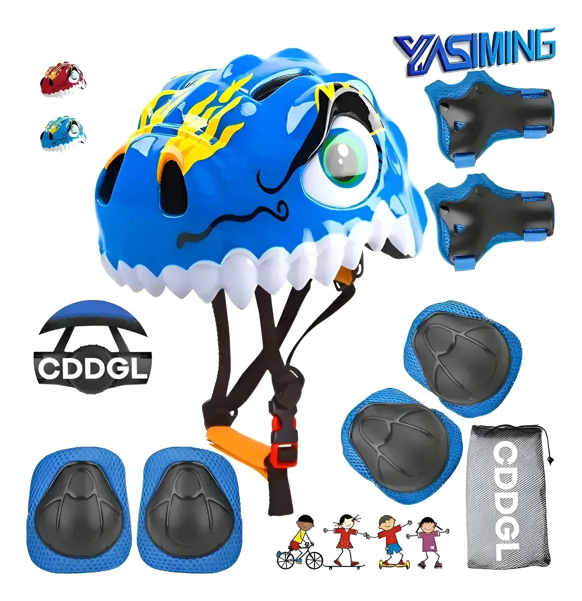 7 kits de capacete de proteção com joelheiras, cor de dinossauro, azul