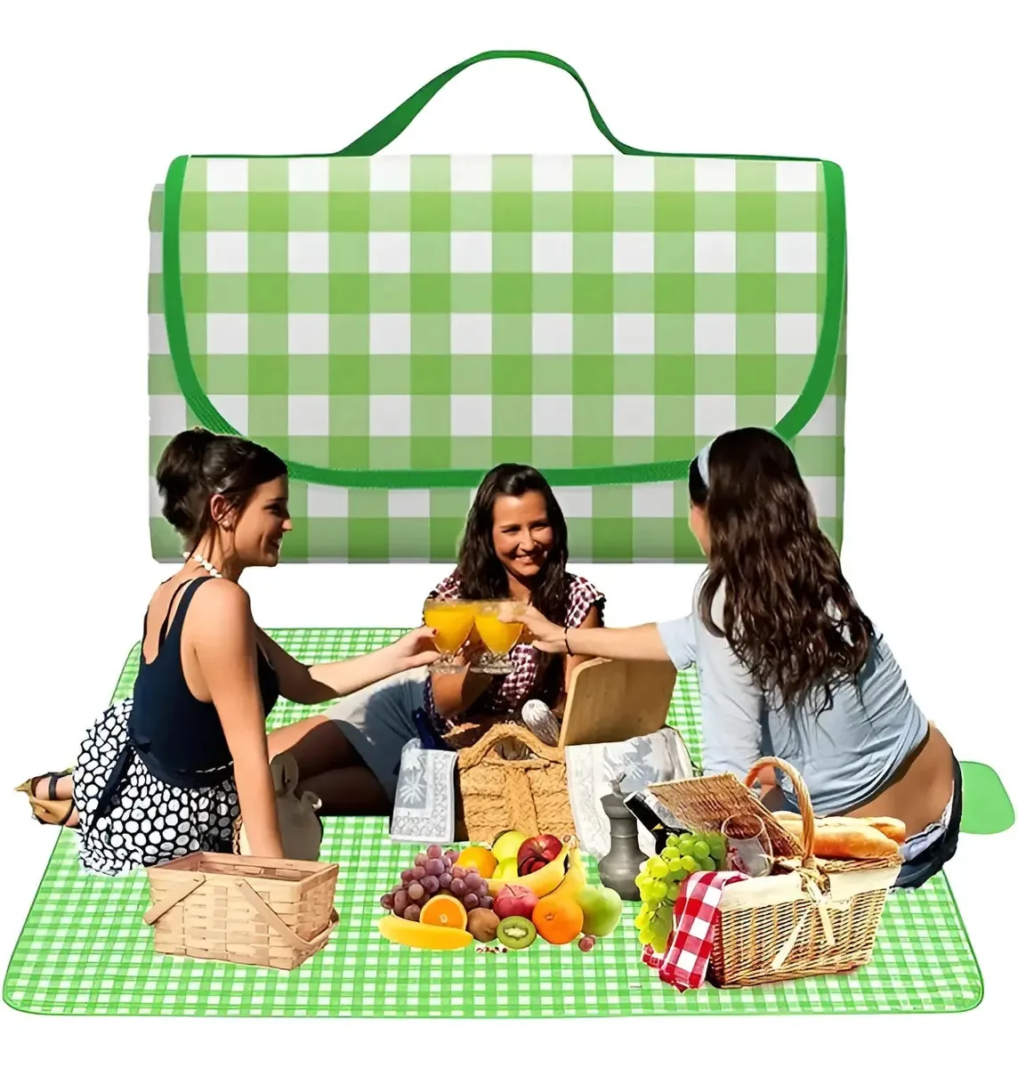 Tapete de piquenique impermeável de 200x200cm, cobertor verde de acampamento e praia