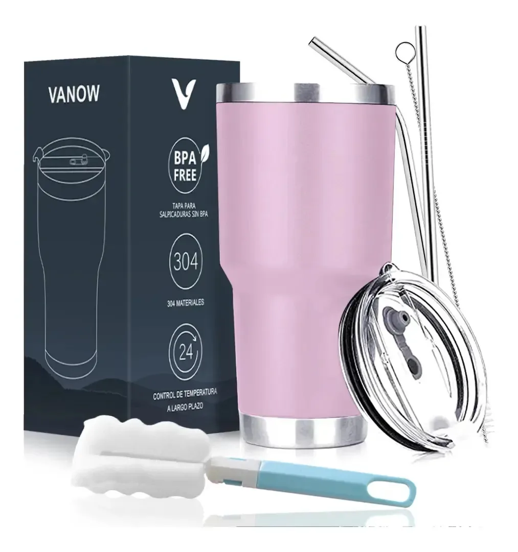 Copo térmico de aço inoxidável de 30 onças com palha e pincel, cor violeta claro, escova/palha