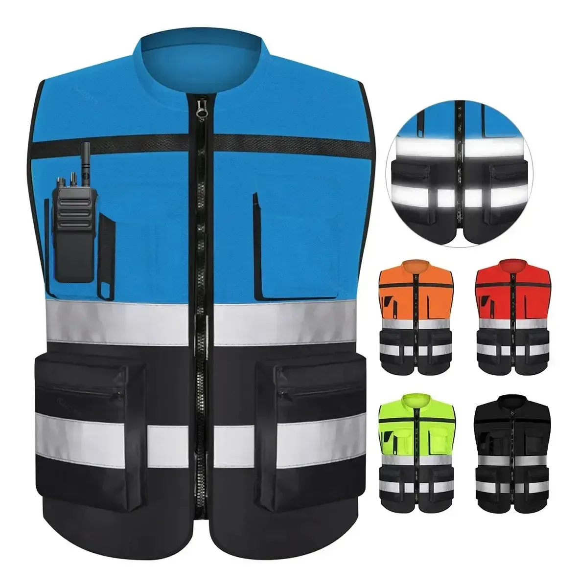 Colete de Segurança Refletivo com Bolsos para Trabalho e Obras de Alta Visibilidade Profissional com Fitas Refletivas Confortável Respirável para Engenheiro Logística e Construção Azul-L