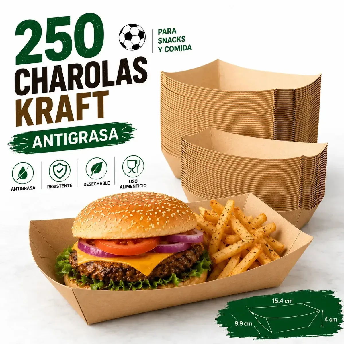 Kit 250 potes de comida descartáveis, bandeja antigraxa de 15,5 x 10 cm para alimentos de 3 libras, lanchas ecológicas de nacho, casas, festas, churrascos ao ar livre, barracas e entrega