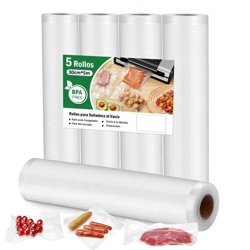 Sacos de alimentos a vácuo de 5 rolos de 30x5m, material PA+PE Food de 0,19 mm, cortáveis, compatíveis com seladores sem BPA, para armazenamento, cozimento em baixa temperatura e congelamento.