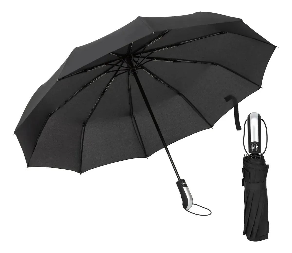 Guarda-chuva dobrável compacto Auto Open Close, guarda-chuva de viagem automático, guarda-chuva dobrável grande, guarda-chuva de viagem compacto de 10 hastes à prova de vento de cor preta