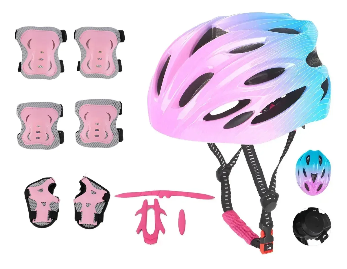 Capacete de proteção infantil, joelheiras, kit de cotoveleiras, rosa, 48-56 cm