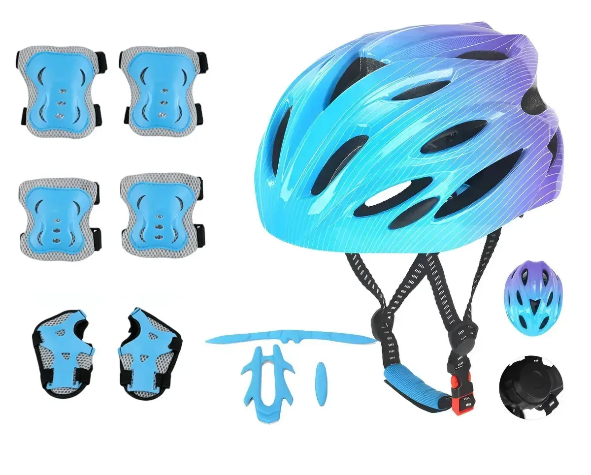 Capacete de proteção infantil, joelheiras, kit de cotoveleiras, azul, 48-56 cm