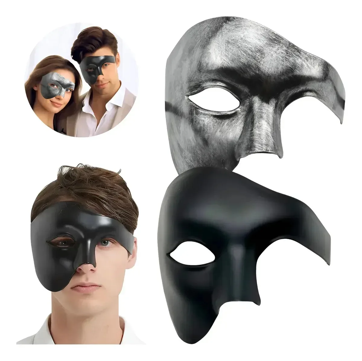 2 máscaras de festa, par de máscaras de cosplay, preto e prata