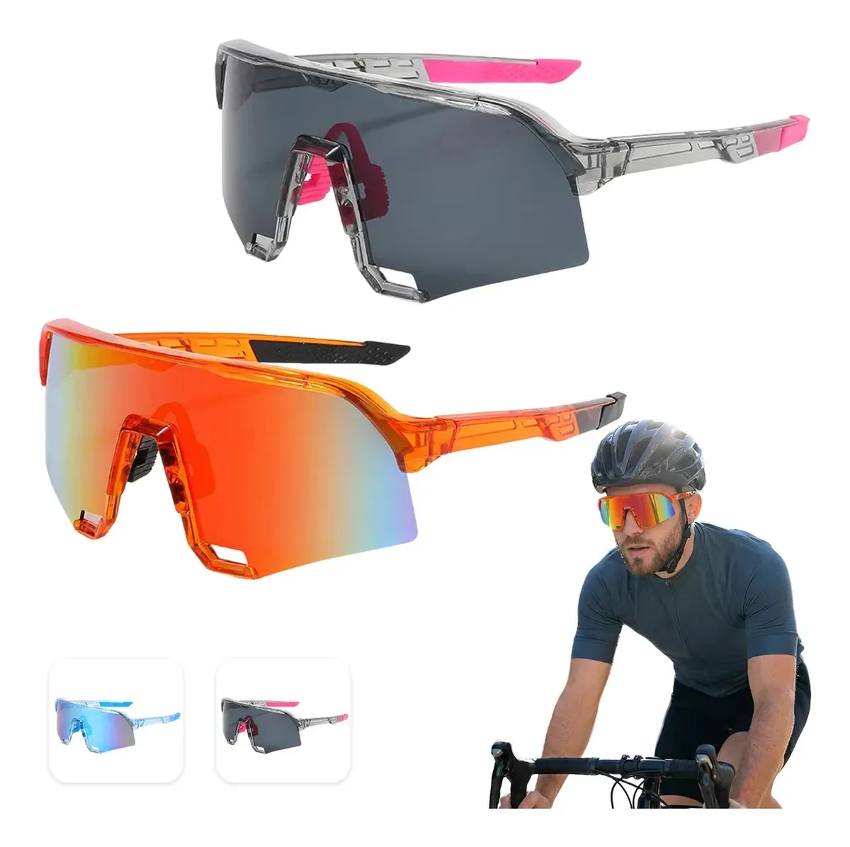 Conjunto Wekezhu de 2 óculos esportivos de ciclismo em cores vibrantes, laranja e cinza