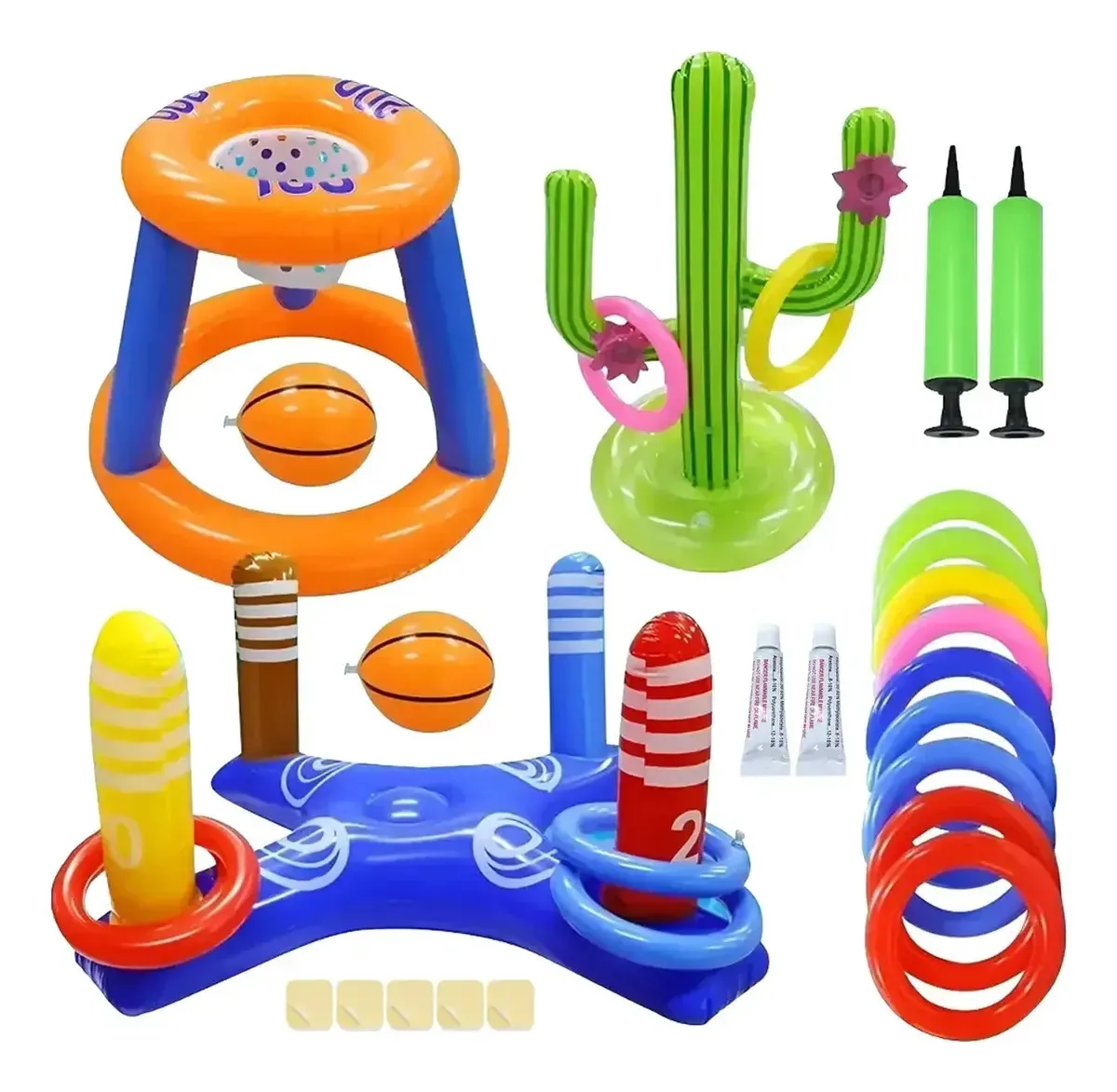 Conjunto de brinquedos de piscina, 22 peças de brinquedos aquáticos, anel de cacto de piscina, conjunto inflável de lançamento de anéis cruzados, 5 adesivos e 2 peças de piscinas de reparo de cola