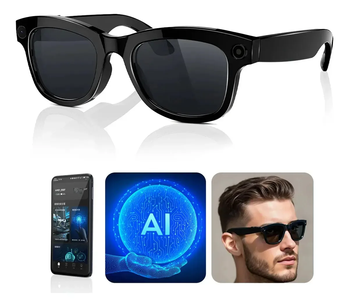 Óculos inteligentes com câmera AI e 1080P, chamadas Bluetooth - óculos de sol pretos