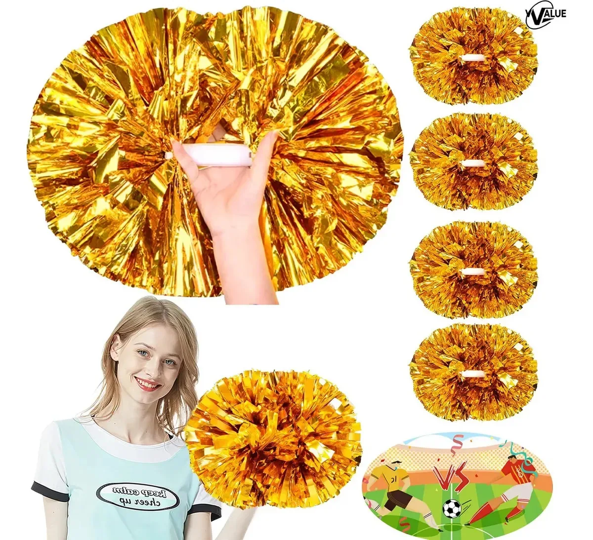 Pompons decorativos metálicos para festas para líderes de torcida, modelo de 4 peças/tamanho de 30 cm com alça. Fácil de usar e confortável de segurar, facilitando o manuseio das mãos. Valor VR