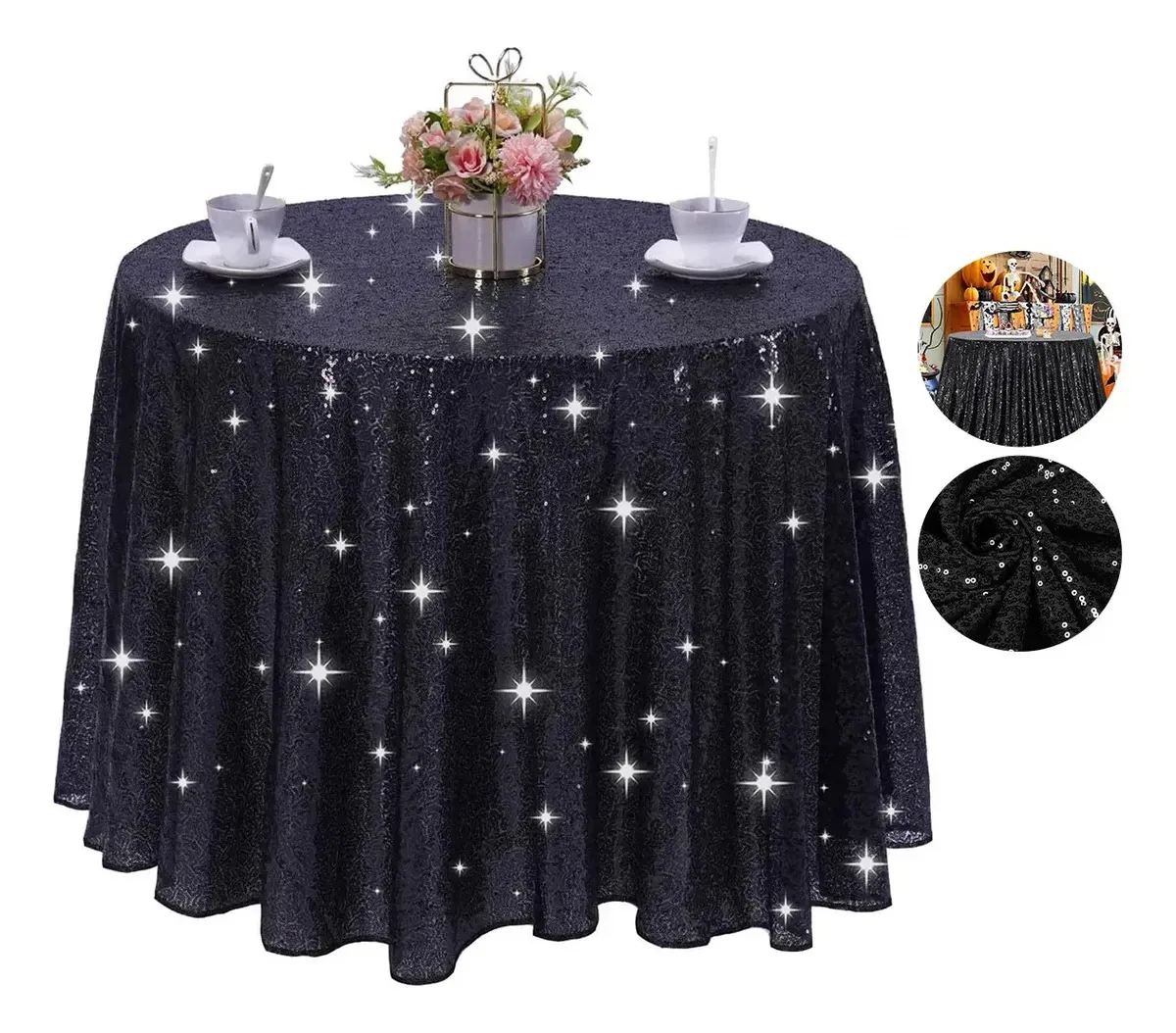 Toalha de mesa de lantejoulas L para casamentos, bolos, sobremesas, cor preta de 120 cm com lantejoulas