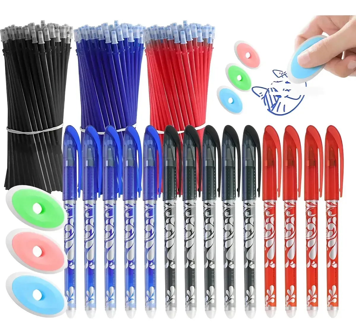 Kit 168 canetas de gel apagáveis em cores, recargas e borracha