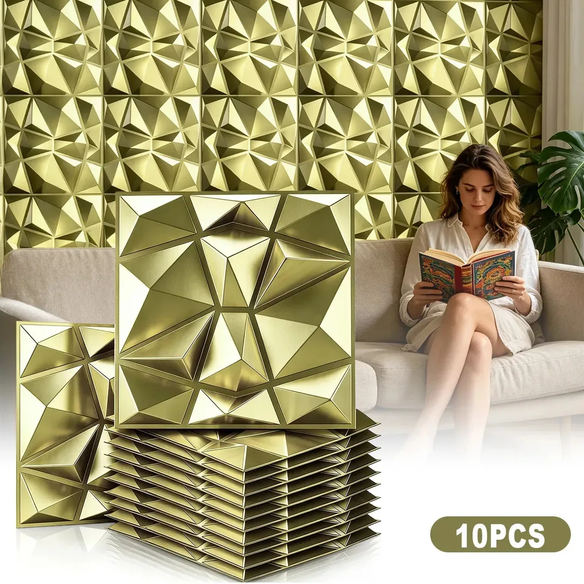 10 peças, painéis decorativos Jm Rola Of Pvc Color Champagne Gold, 50x50 cm, resistentes à água e ao fogo