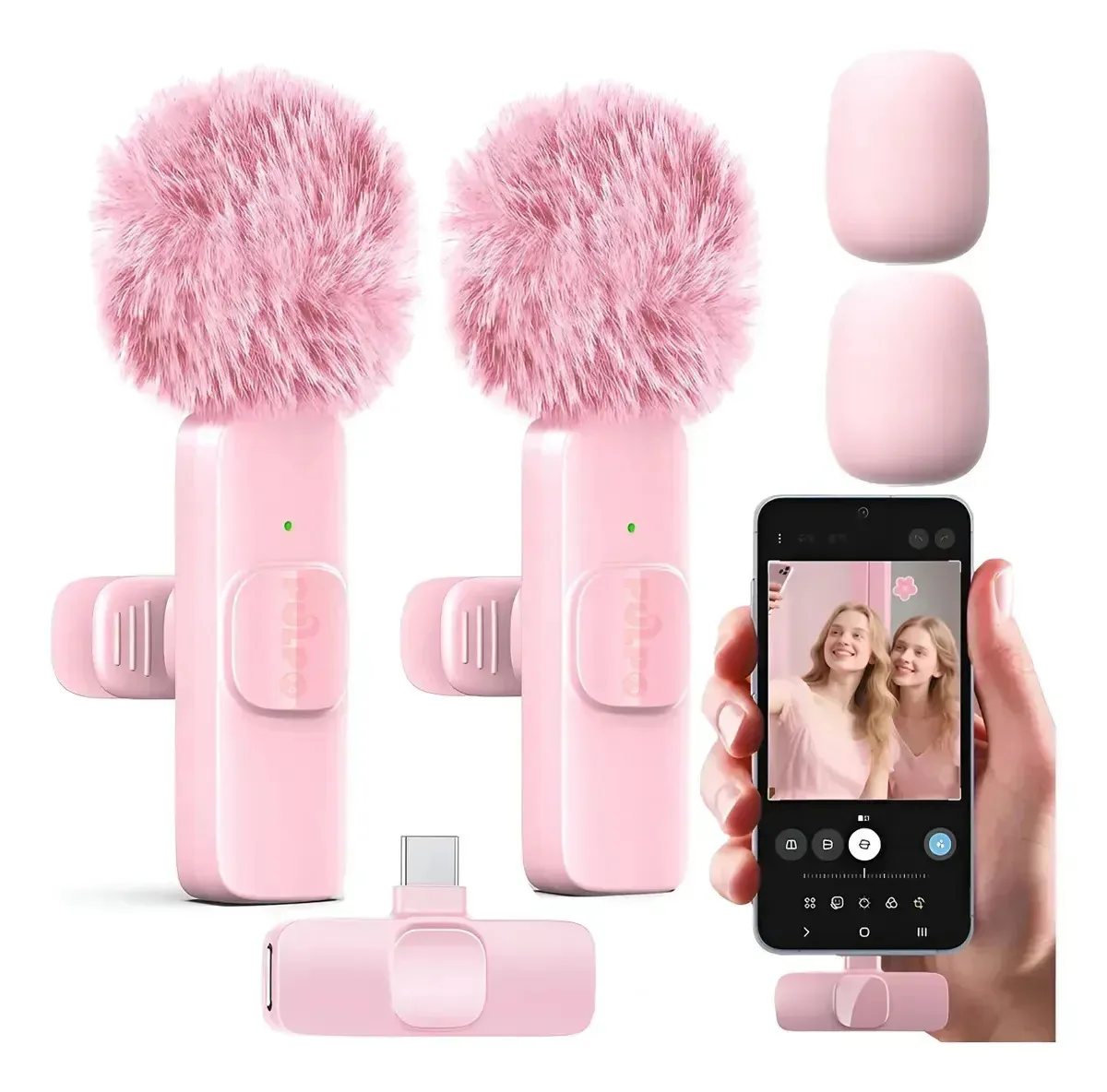 Kit de microfones de lapela sem fio de alta fidelidade, mini microfone rosa e microfones de lapela profissionais, mini microfones sem fio com clipe de lapela, telefones celulares