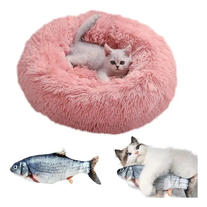 Cama antiestresse para gatos de 50 cm rosa, camas macias e camas para gatos, cama redonda lavável à máquina, inclui brinquedo Catnip Fish