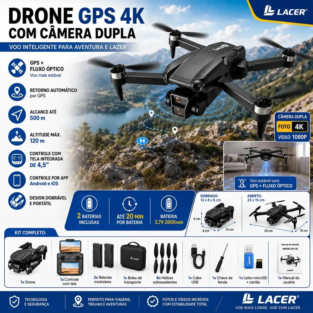 Drone Quadricóptero LACER Pro GPS Dobrável com Câmera Dupla 4K, Controle e 2 Baterias