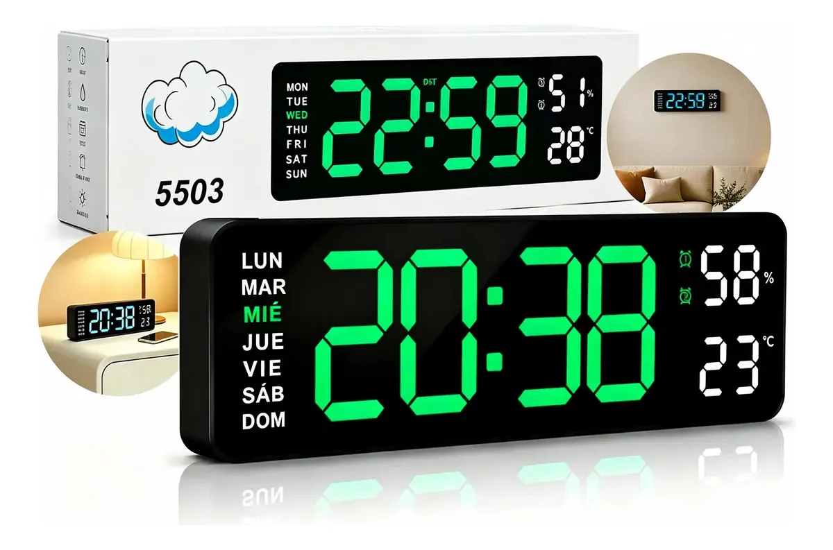 Relógio digital com alarme, termômetro e calendário verde