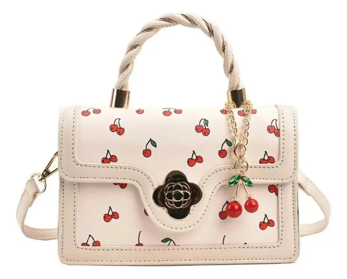 Bolsa de ombro/bolsa de ombro feminina com pingente de cereja branca