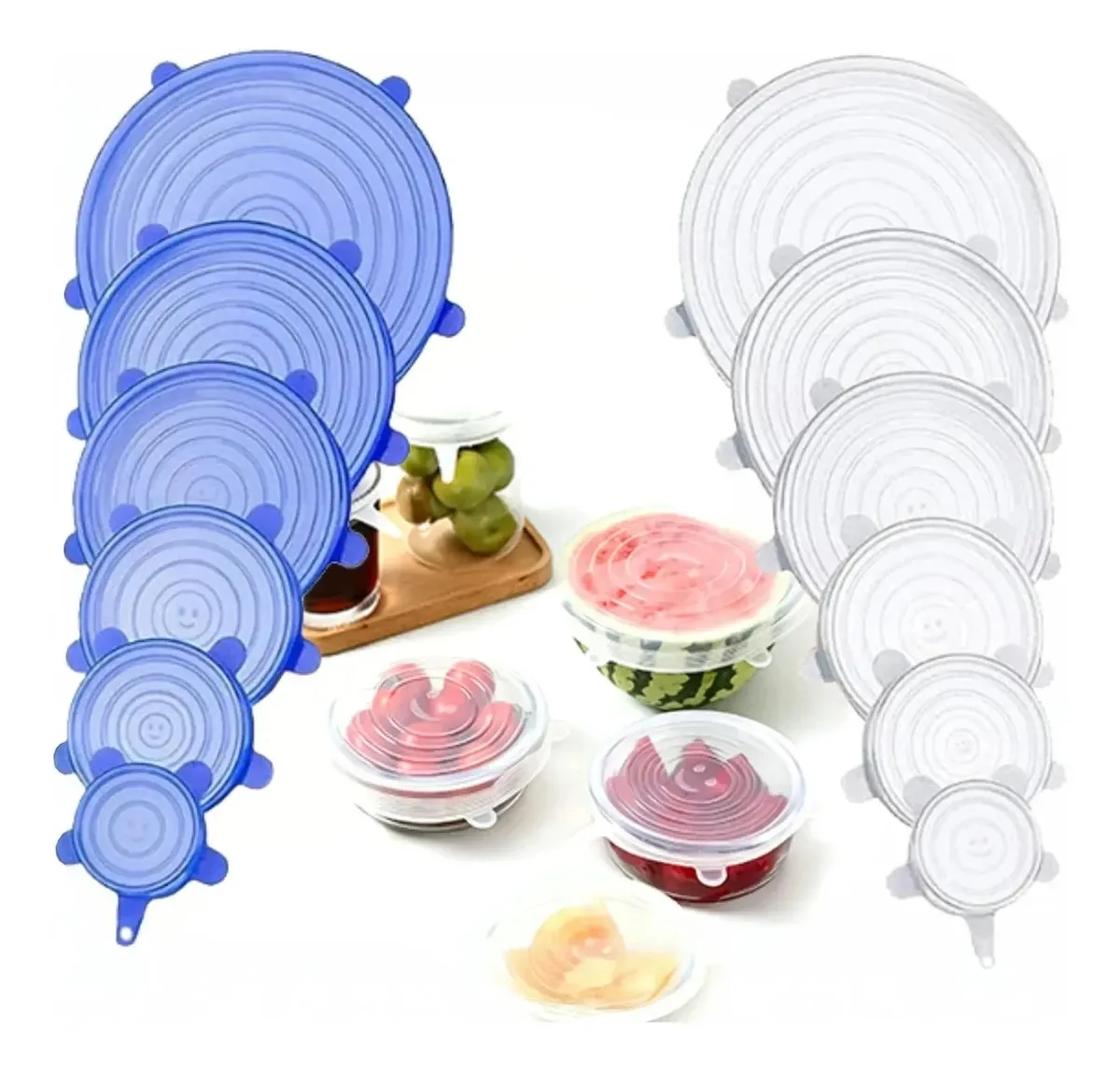 12 tampas elásticas de silicone reutilizáveis para alimentos