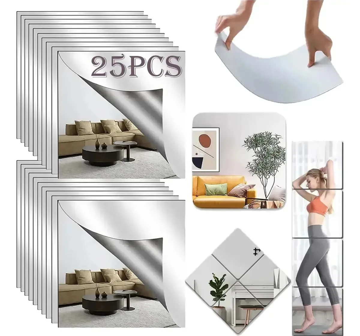Pack 25 Espelhos Quadrados Adesivos de Parede Coragem para Decoração de Banheiro e Sala de Estar, 15" x 15"