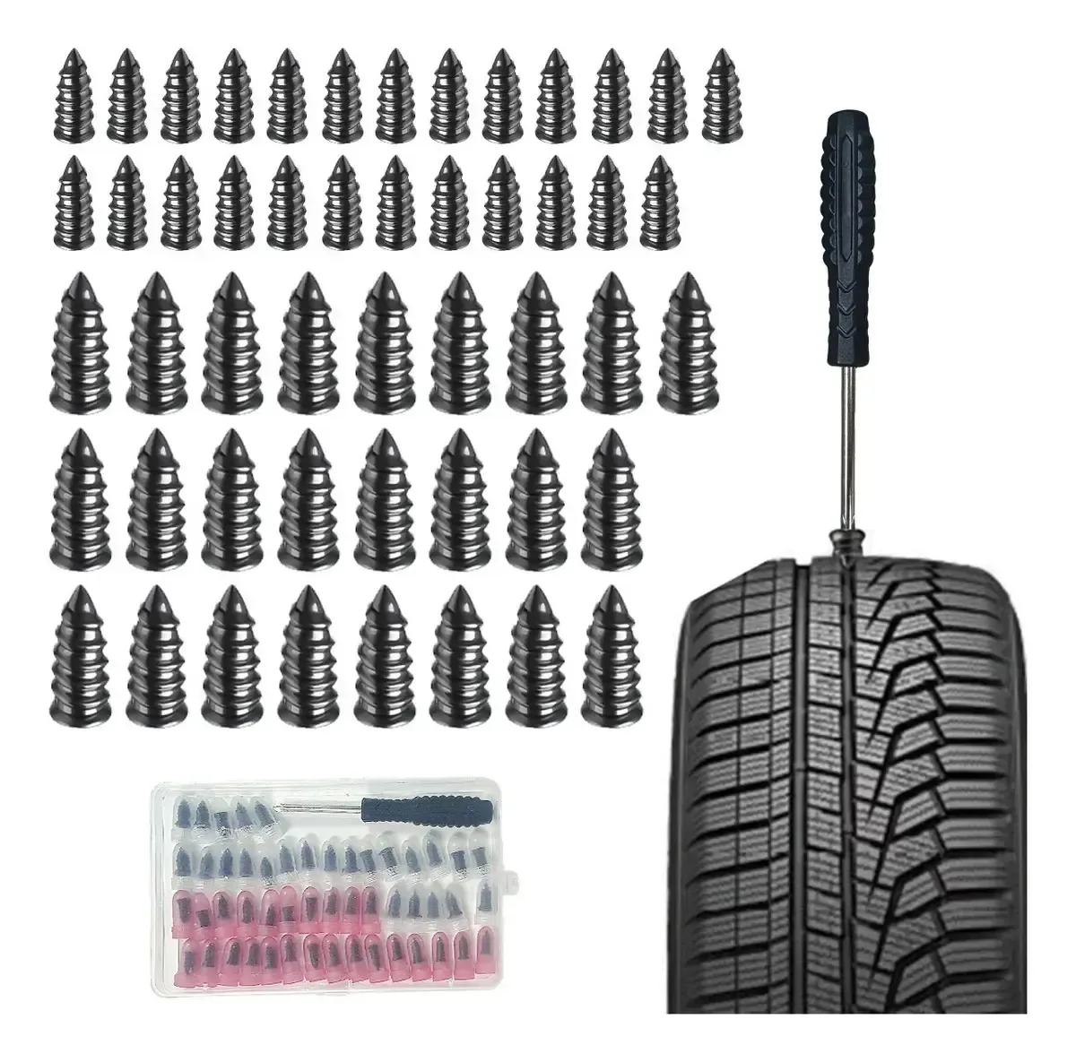 50 pregos de borracha para conserto de pneus de carros e motocicletas, adesivos de pneus, kit de remendo de pneus, 2 tamanhos com chave de fenda, ferramenta de emergência para reparos de veículos