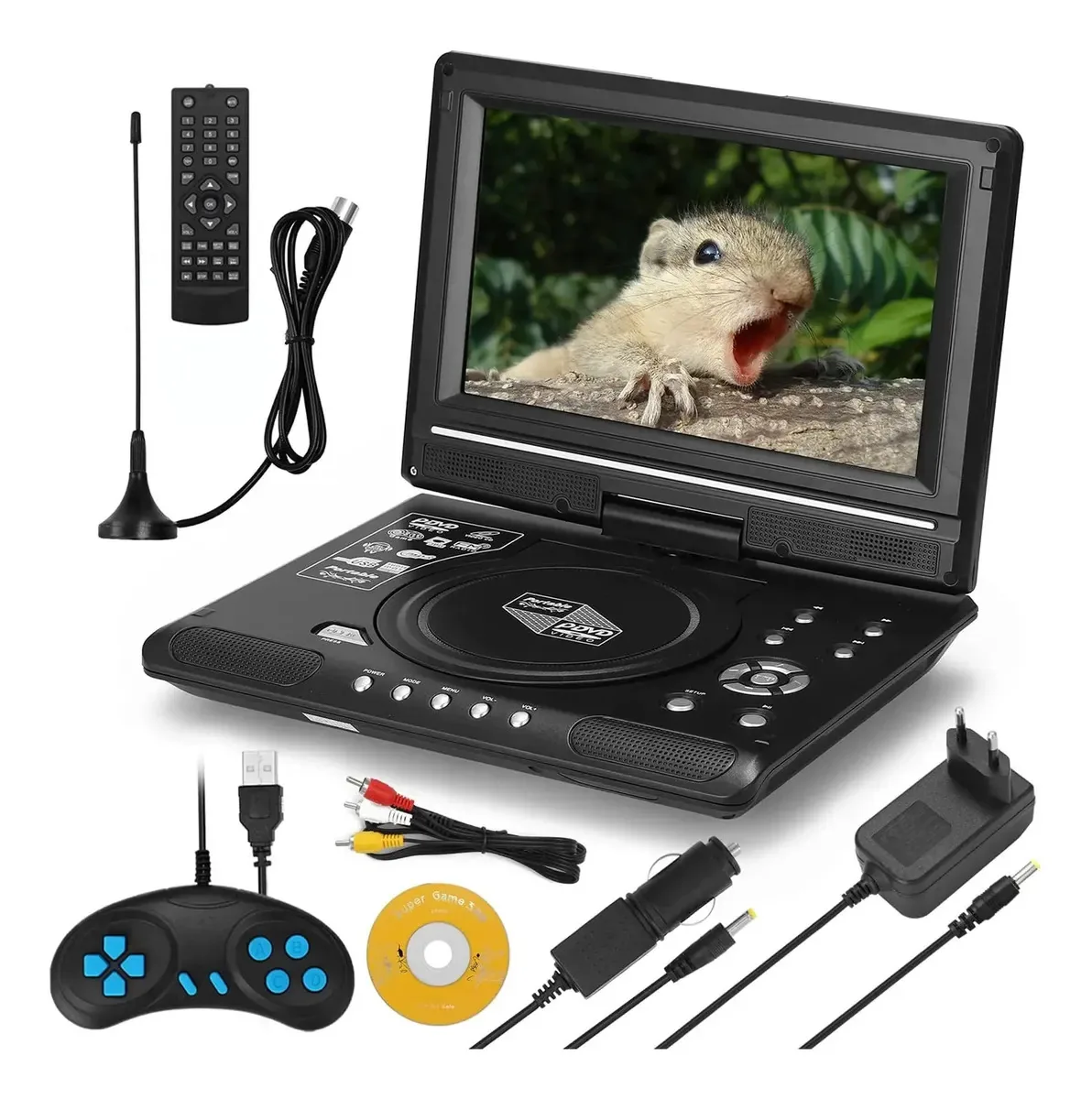 Leitor de vídeo HD DVD Gillas de 9,8 polegadas, reprodutor de vídeo com tela giratória, bateria recarregável de 5 horas, compatível com cartões SD/USB/CD/DVD e vários formatos de disco
