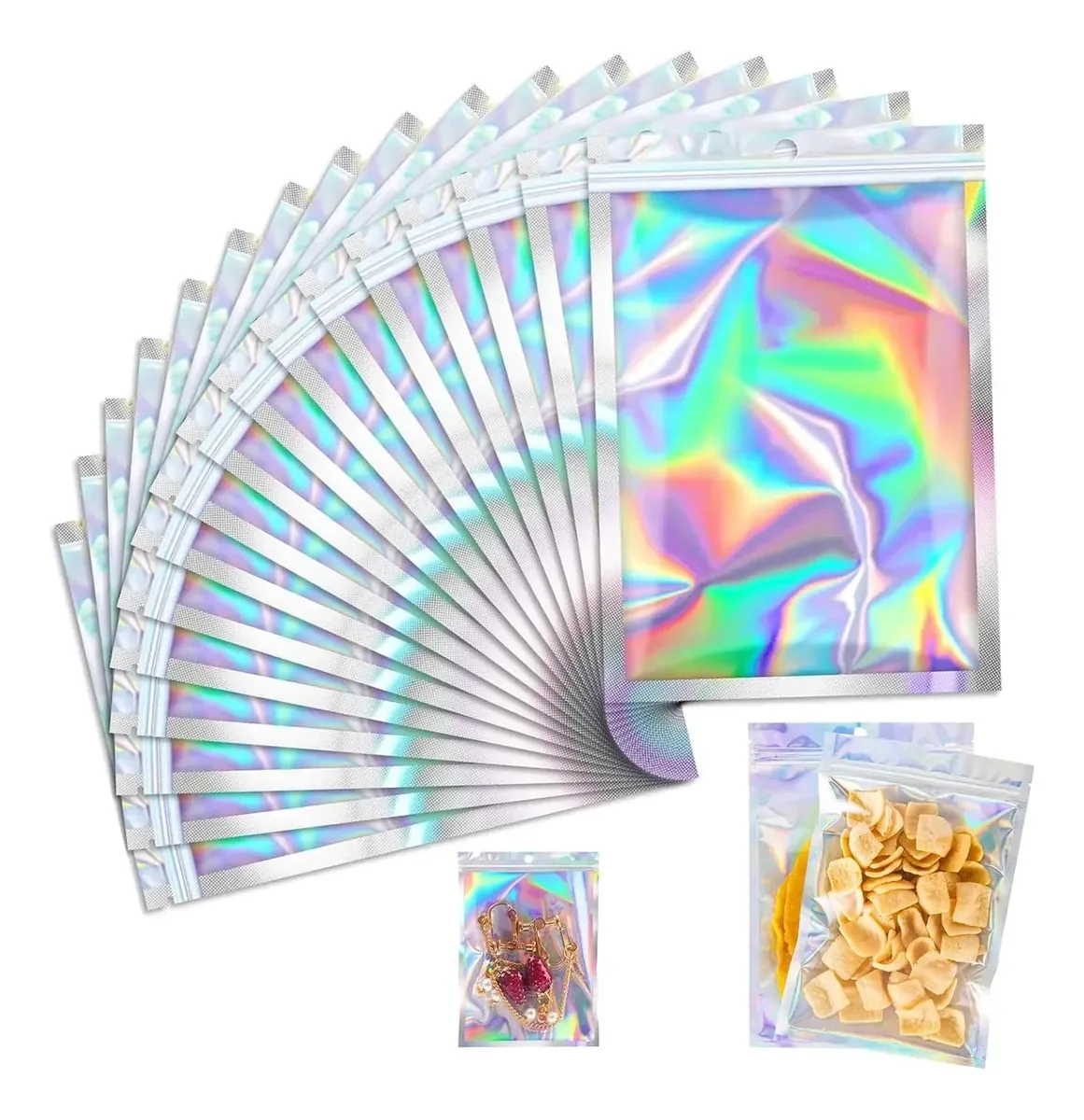 Sacos holográficos, 100 peças de sacos de doces que podem ser fechados novamente, sacos herméticos a laser antiodor para armazenamento de alimentos, gomas, biscoitos, joias (12* 7,5 cm)