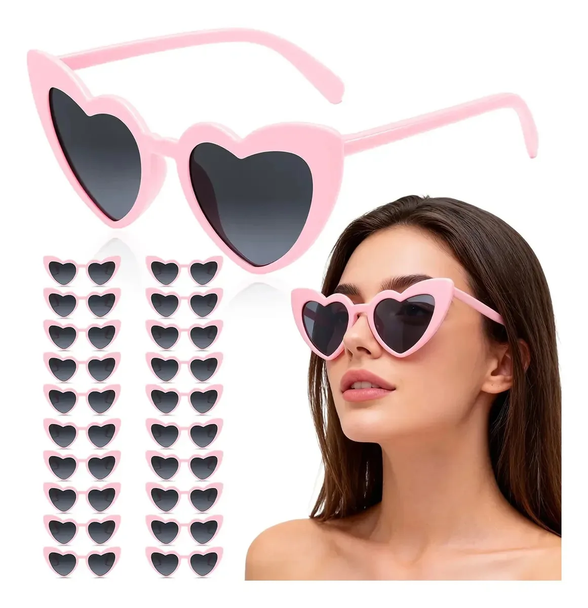 20 peças de óculos de sol de coração, acessórios de moda, meninas, lentes rosa claro, lentes cinza, rosa claro, vareta, rosa claro, moldura, rosa claro, design de espelho