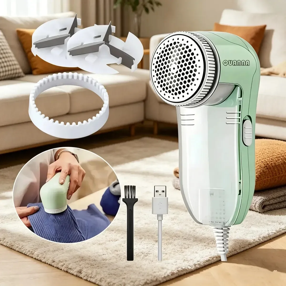 Removedor de fiapos elétrico portátil recarregável USB Quanna para roupas, suéteres, sofás e cobertores, removedor de fiapos com duas lâminas de aço, seguro para todos os tipos de tecido, presente...