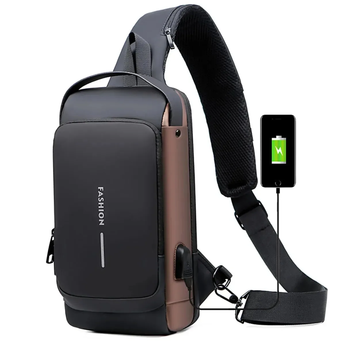 Bolsas impermeáveis cruzadas masculinas antirrobóticas com USB marrom