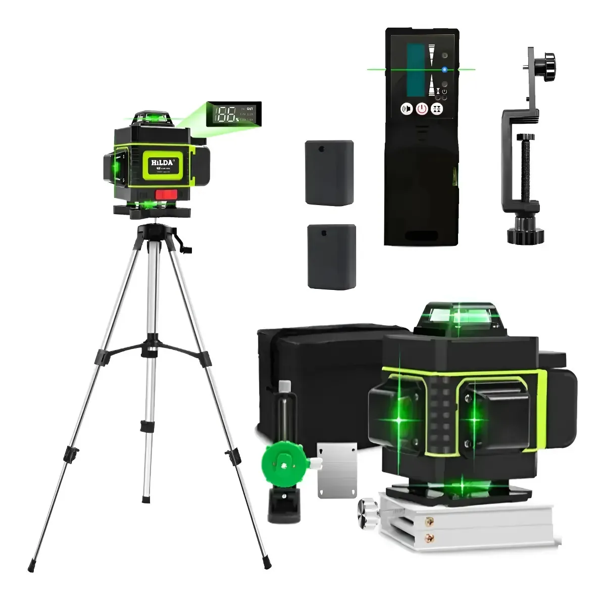 Nível A Laser 16 Linhas 360 4D Verdes Display 2 Baterias Profissional Controle Suporte De Parede Base Elevatória Tripé 1,2 Metros Aluminio Receptor De Linha Laser Area Externa