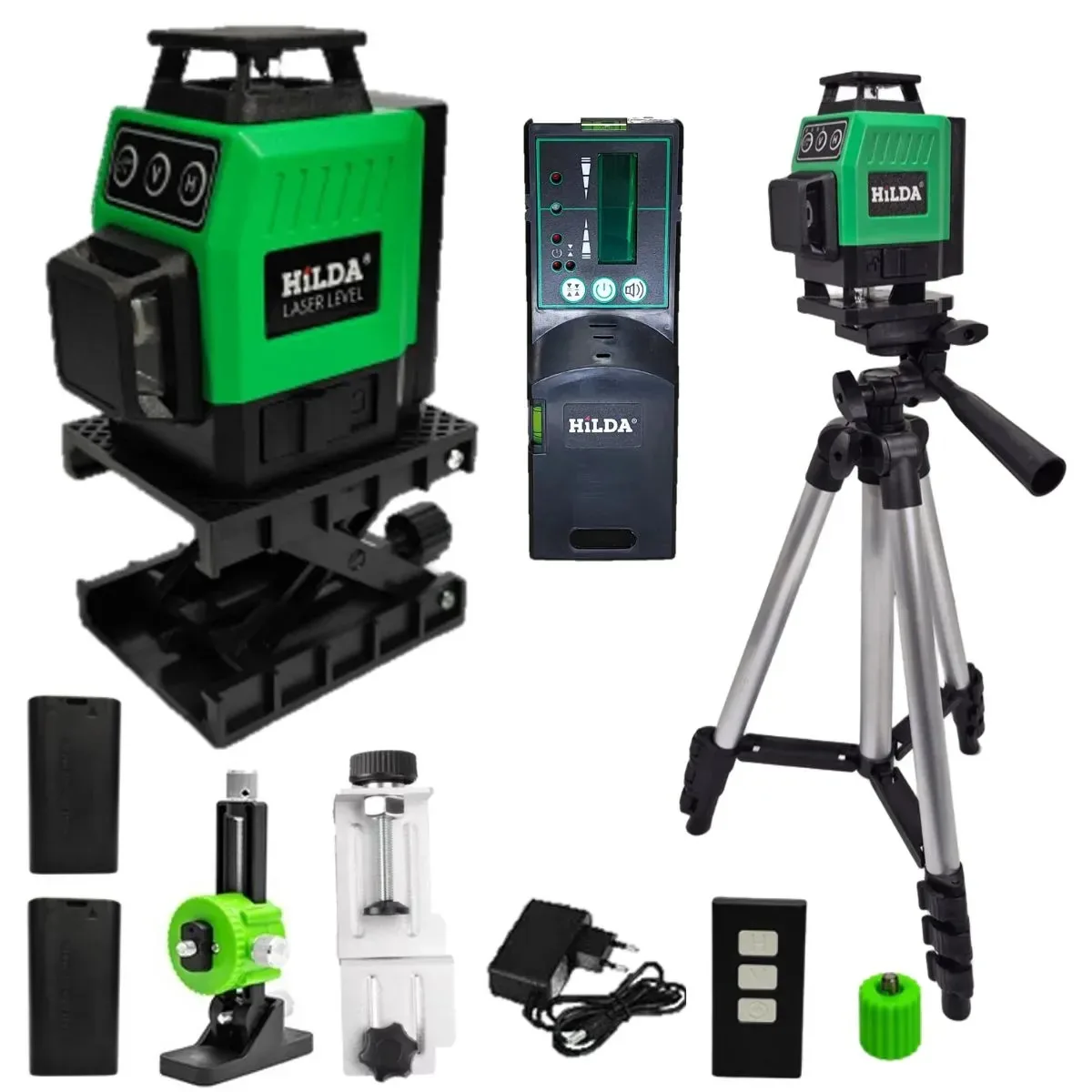 Nível A Laser 12 Linhas Verde 360 3D 2 Baterias Recarregável, Receptor De Linha A Laser, Tripé De Até 1 Metro, Suporte De Parede, Base Elevatória Area externa Obra Nivelador Ponto prumada