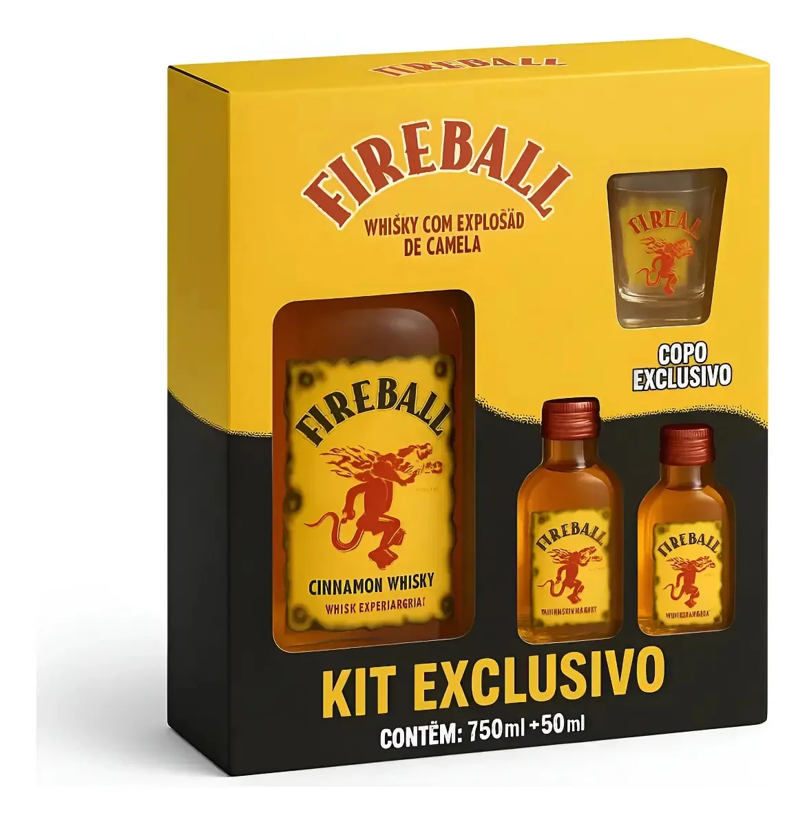 Kit Fireball 750ml + 2 Miniaturas 50ml + Copo Shot