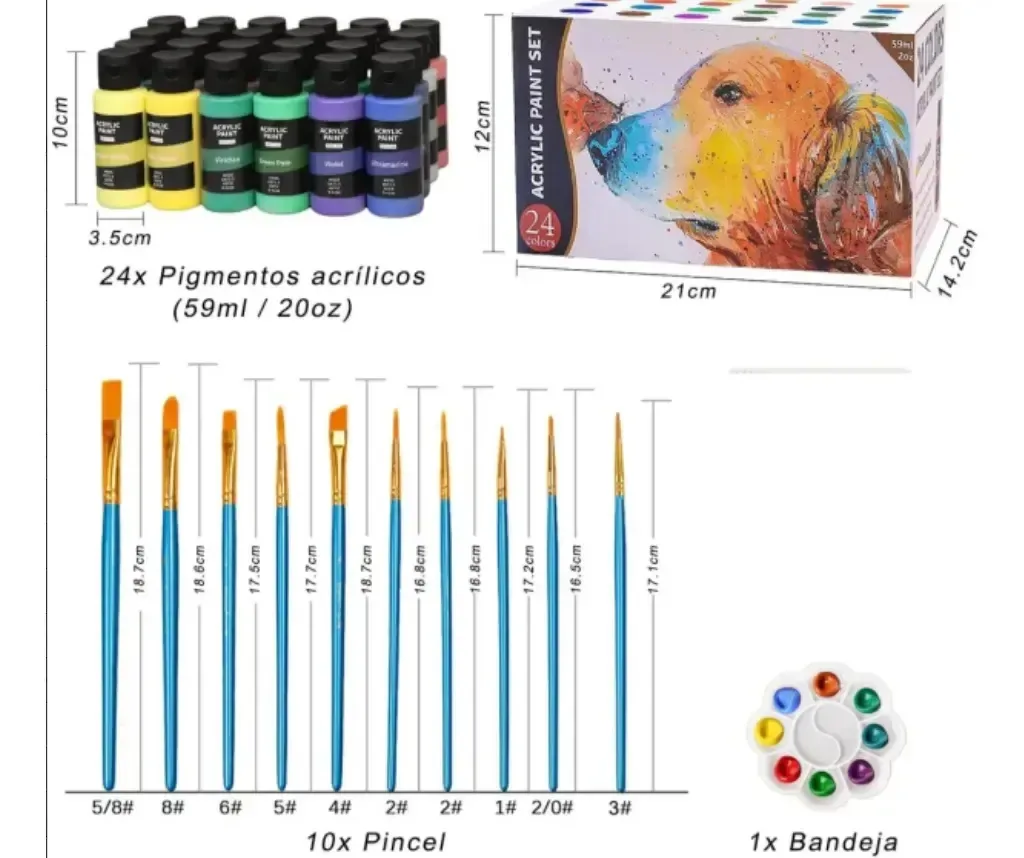 Conjunto completo de tintas de desenho, 24 cores, 60 ml, inclui pincel e paleta, tintas para desenho artístico e manual