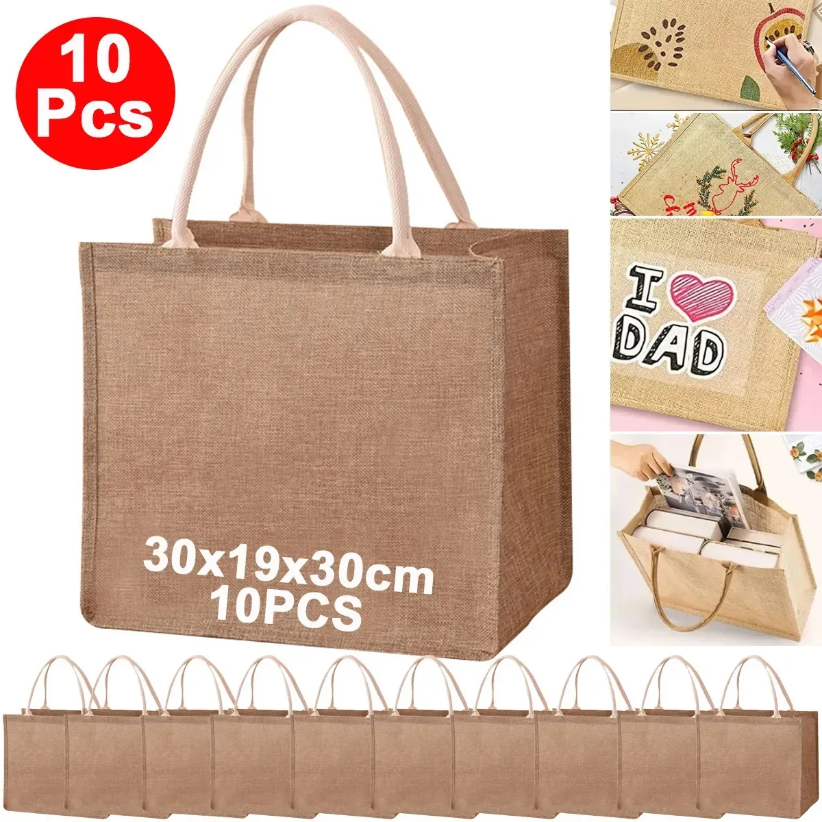 Pacote de 10 sacos de juta com alças de algodão e interior plastificado. Ecológico e reutilizável para bolsas de mão, compras, praia, mercearia, compras, presentes personalizados, compras...