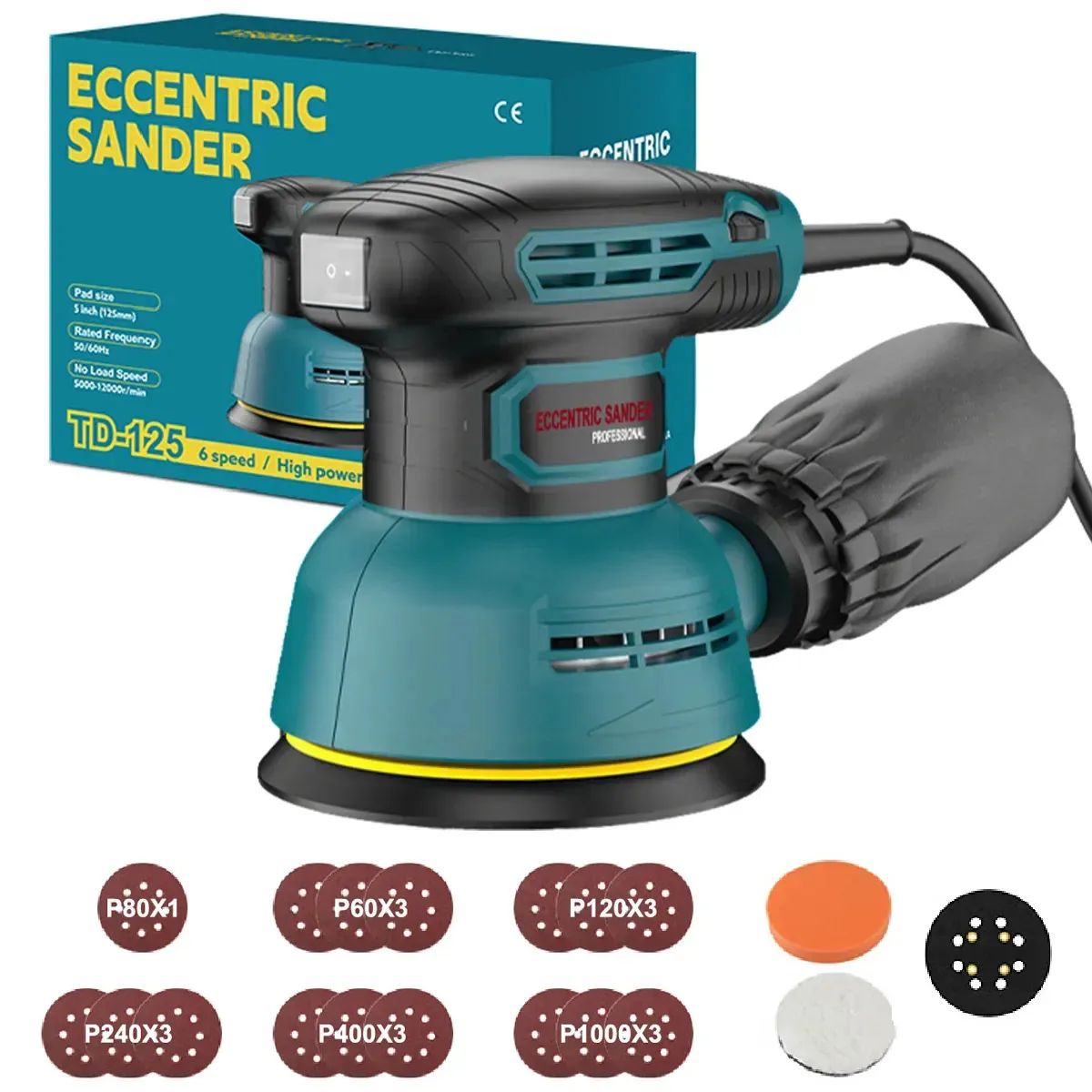 Lixadeira orbital elétrica 300W, 6 velocidades variáveis, 12000 RPM, lixadeira orbital aleatória com 16 folhas de lixa para polir e lixar móveis e paredes de madeira de automóveis para amadores e...