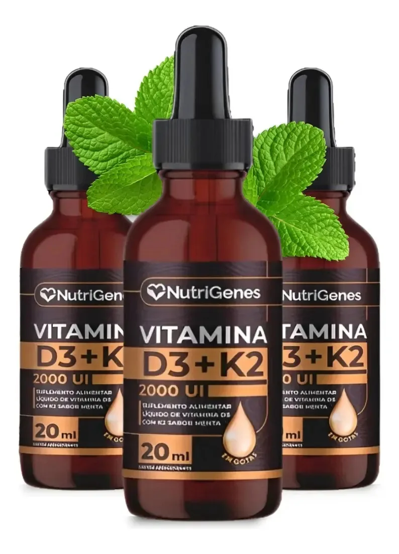 Pack 3 Vitamina D3 e K2 NutriGenes Gotas Sabor Menta para Ossos e Articulações