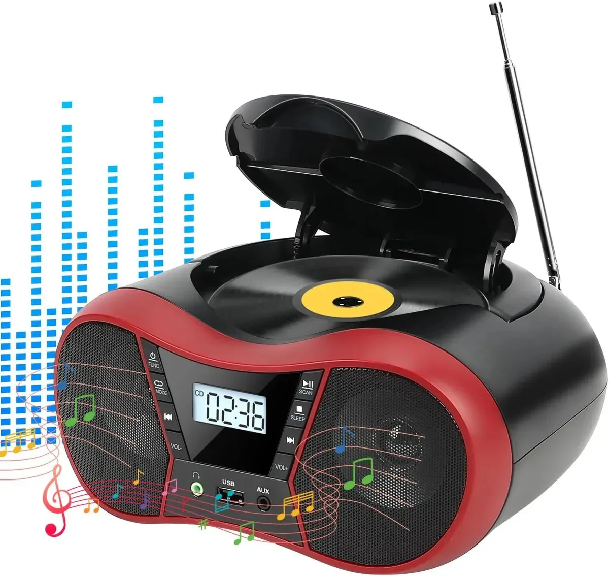 Radio Cd Player Bluethooth Radio Boombox Portatil Fm Digital Rádio AM/FM Estéreo e Bluetooth – Toca CD/CD-R/CD-RW, USB, Funciona com Pilhas vermelho