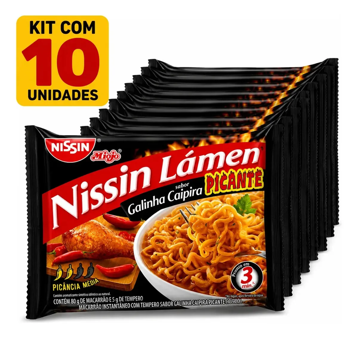 Kit 10 Miojo Nissin Lámen Galinha Caipira Picante 85g Origin