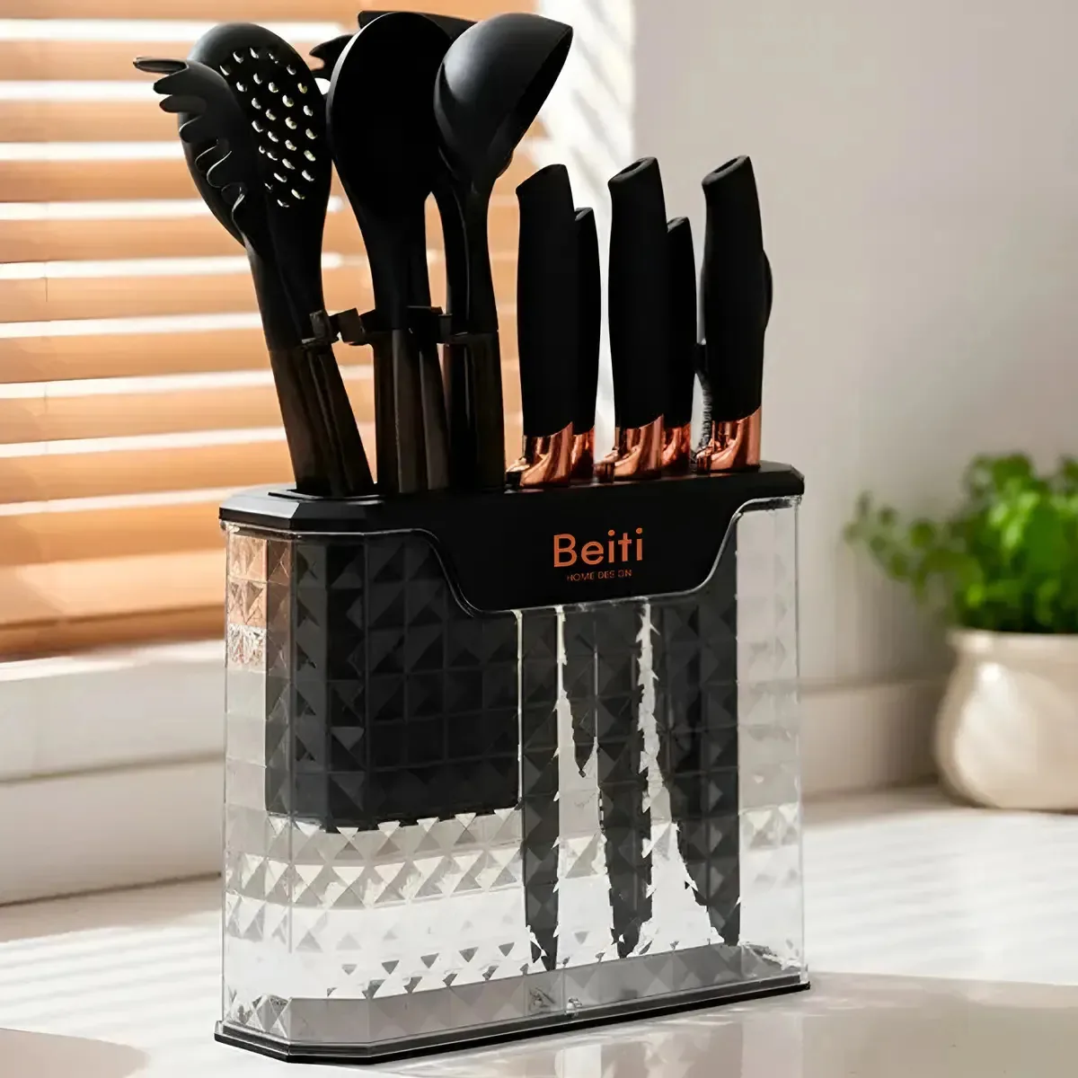 Conjunto Beiti de 16 facas de cozinha, utensílios de cozinha de silicone em aço inoxidável, cor preta