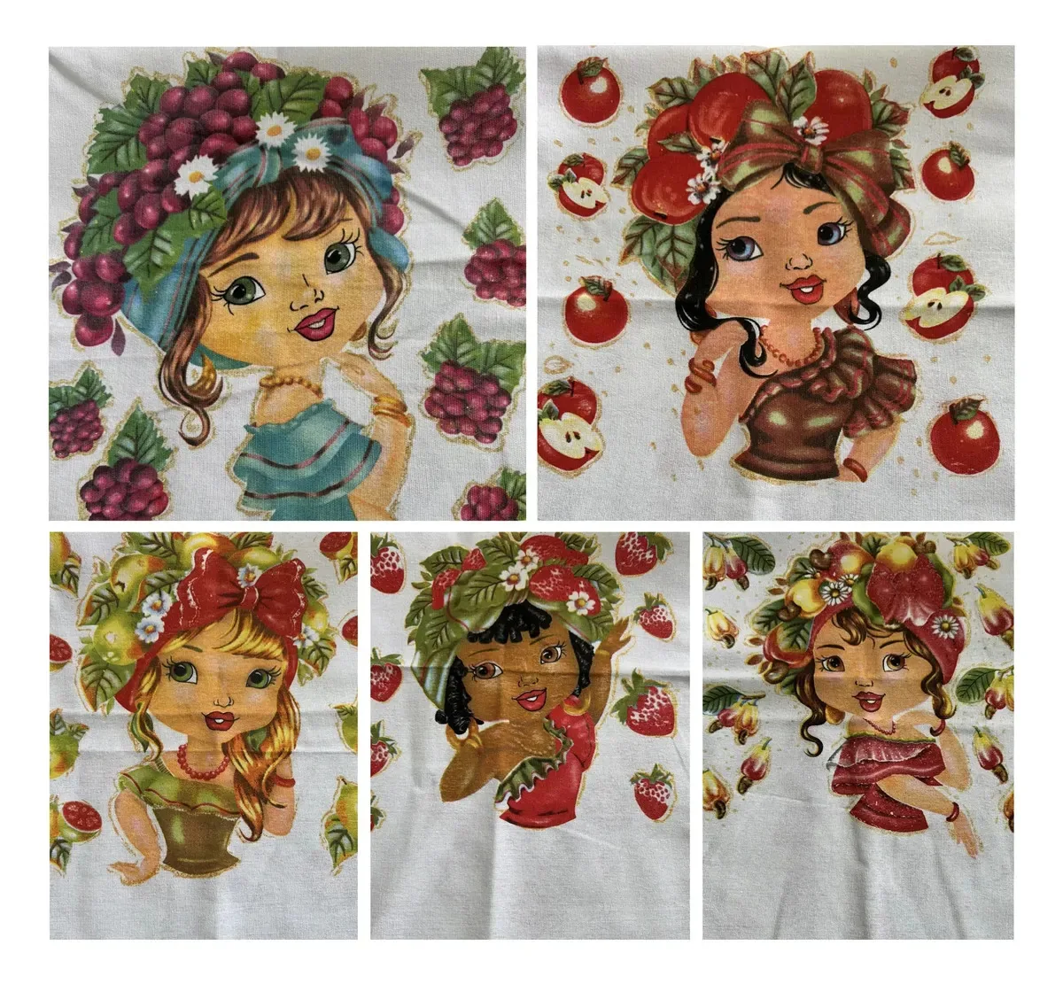 15 Panos De Prato Boneca Frutas Com Glitter - Engomatextil Branco