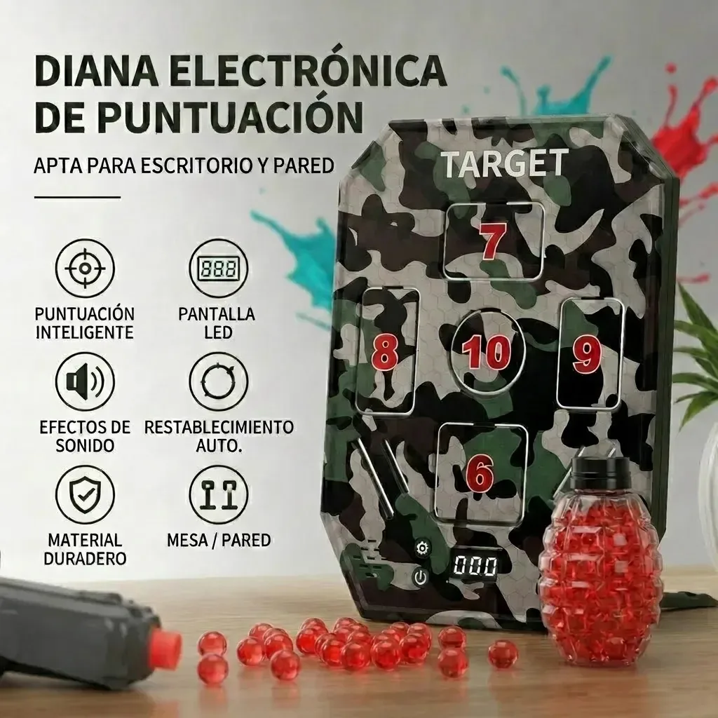 Alvo de pontuação camuflado para tiro esportivo, com contagem sonora e digital. Suporte de parede ou mesa. Compatível com Hydrogel e Nerf Gun.