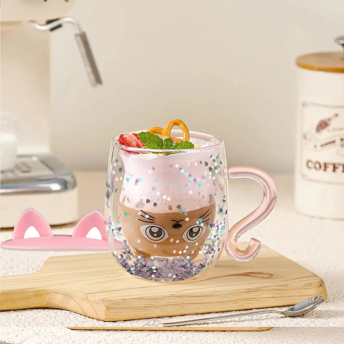 Taça Yalucky Ya-534-FBA para café bonitas 280 ml para gatos rosa com lantejoulas